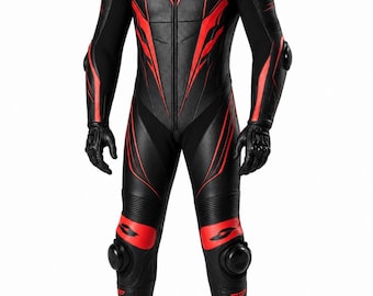 Men's Black Red Leather Motorcycle Racing Suit | One-Piece Biker Track Gear