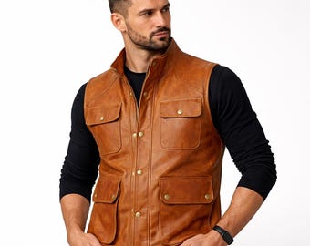 Heren utility vest van bruin leer – cognacbruin cargo vest