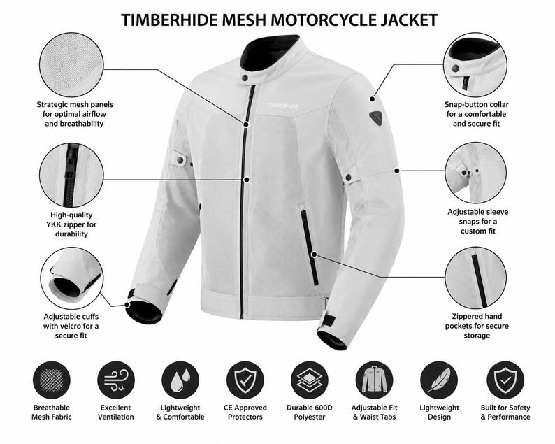 Pode incluir: Um casaco de mota em malha cinzento-claro Timberhide com gola de bot&atilde;o de press&atilde;o, fecho frontal YKK, bolsos com fecho e molas ajust&aacute;veis nas mangas e punhos. O casaco inclui pain&eacute;is de malha e &eacute; fabricado em poli&eacute;ster 600D.