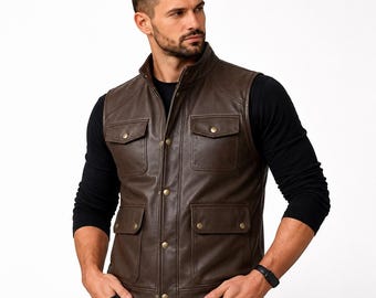 Heren utility vest van verweerd bruin leer – motorvest in cargostijl