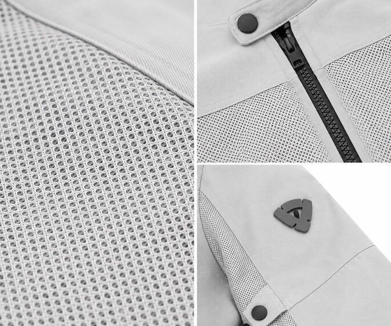 Pode incluir: Um casaco cinzento-claro com pain&eacute;is de tecido de malha respir&aacute;vel, um fecho de correr central preto, uma patilha de colarinho com mola e um emblema triangular de log&oacute;tipo cinzento-escuro na manga. O design inclui sec&ccedil;&otilde;es de tecido s&oacute;lido.