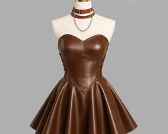 Hoogwaardige handgemaakte bruine leren korsetjurk, steampunk mini-jurk met sweetheart-halslijn en uitlopende rok, handgemaakte gotische punk skaterstijl