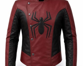 Herenjas van bordeauxrood leer met spinnenprint – Superhelden cosplay motorpak