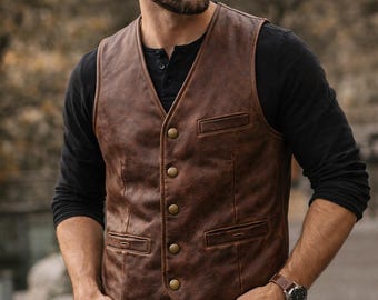 Bruin leren herenvest - Vintage vest met een verweerde look - Handgemaakt cadeau voor cowboy/motorrijder/bruidsjonker