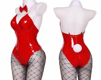 Dames Bunny Girl Kostuum Set, Rood Zwart Glanzende Bodysuit, Konijnenoortjes, Netkousen, Halloween Cosplay Verkleedfeest Outfit