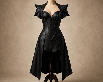 Premium zwarte leren gotische korsetjurk | Steampunk cosplaykostuum, getailleerd mouwloos vest, zakelijke gotische chique top
