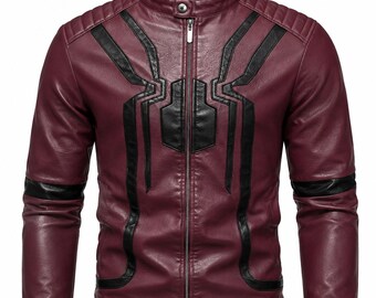 Herenjas van bordeauxrood leer met spinnenmotief | Gotische motorjas, slim fit, Halloween cosplay