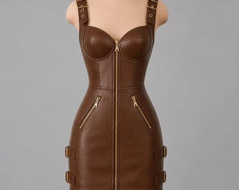 Op maat gemaakte bruine leren korsetjurk, steampunk bodycon mini-jurk met rits, cyberpunk tactische jurk met gesp, gothic clubkleding met gespbandjes