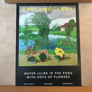 May include: A poster of a painting by David Hockney titled "Water Lilies in the Pond with Pots of Flowers". The painting depicts a pond with water lilies, a reflection of the sky, and three pots of flowers. The painting is divided into nine squares.