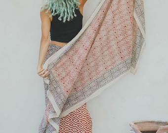 Pañuelo Tulum |100% Algodón,Hecho a mano | Pieza Única | Regalo dia de la madre | Foulard| | Pareo | Bufanda | Estampado en bloque -Bohemia