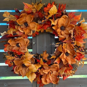 Fall magnolia wreath for front door, Rustic autumn grapevine wreath with orange leaves and berries, Harvest floral, Housewarming gift