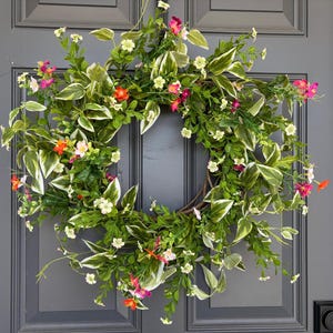 Corona de flores silvestres, Corona de vegetación con flores rosas y naranjas, Tropical, Corona para la puerta de entrada, De primavera a verano