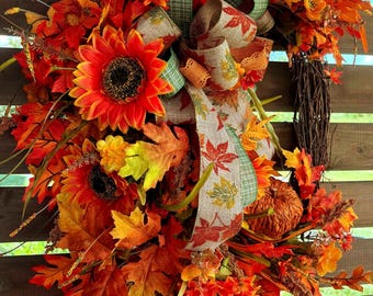 Large fall sunflower grapevine wreath, Rustic farmhouse wreath with sunflowers pumpkins and autumn leaves, Front door decor