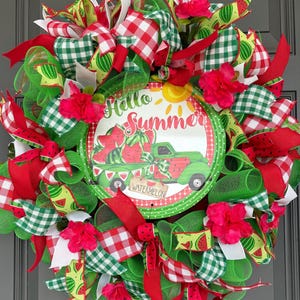 Summer wreath,  Watermelon wreath,  Front door wreath, Colorful gingham and watermelon wreath, Hello summer door decor
