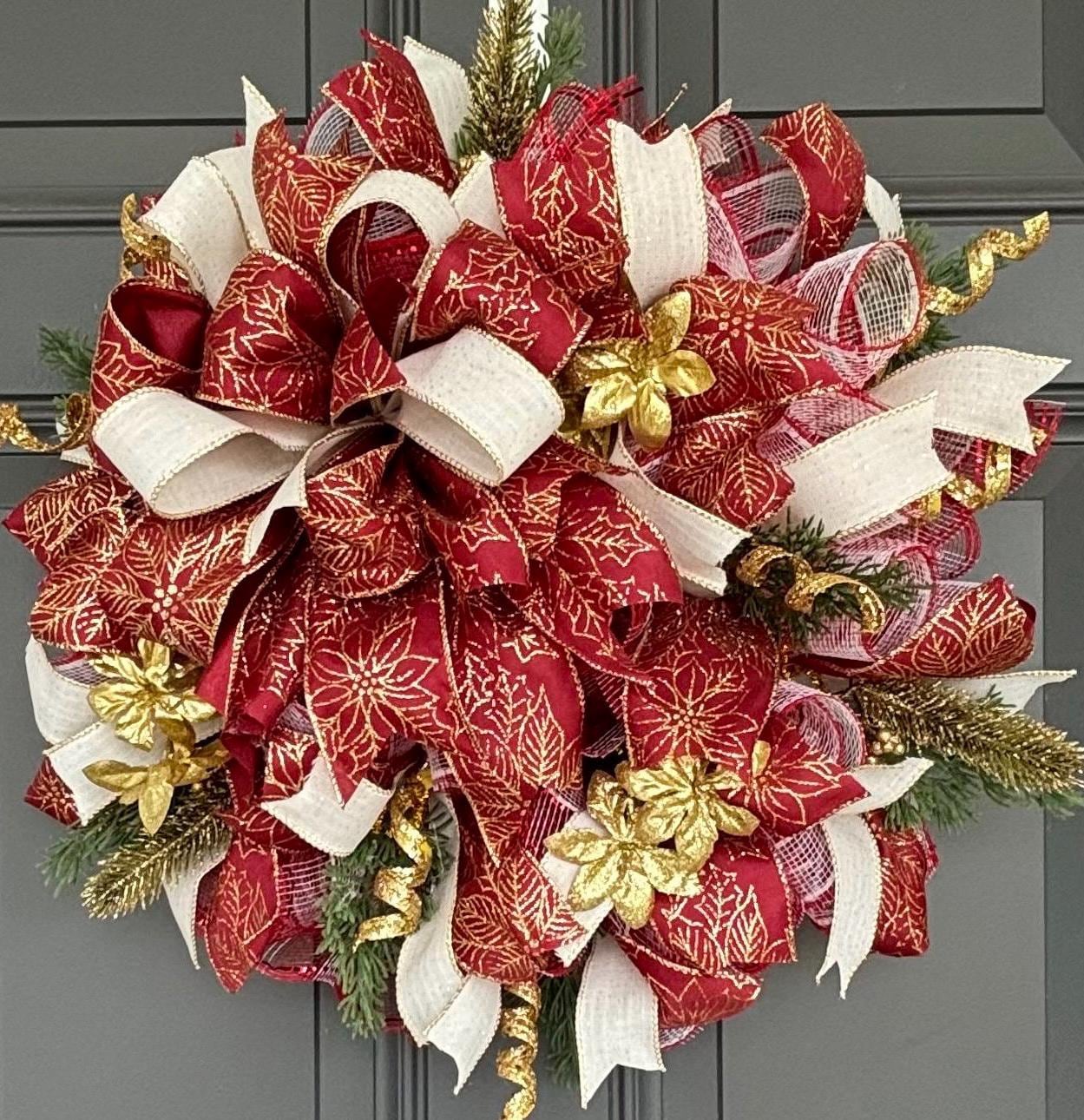 Poinsettia Christmas wreath for front door, camper, apartment or