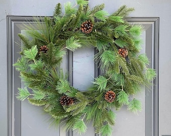 Rustic Pinecone Wreath, Christmas Evergreen, Farmhouse Winter Decor