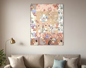 May include: A large, rectangular floral patchwork canvas art piece. The artwork features a collage of fabric squares with various floral patterns in shades of beige, pink, blue, and orange. The design includes large, stylized flowers.