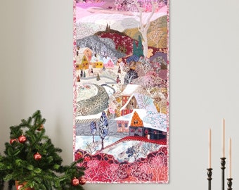 Verschneiter Weg zu den Bergen - Art Quilt Wandbehang, Fibre Wandkunst, moderne abstrakte Kunst Quilt Design, Landschaftsmalerei