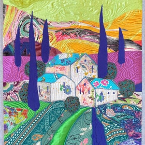 Textile quilt art - "Under the blue roof" - Small artwork for gift, Art quilting wall hanging, Modern fiber wall art, Landscape art panno