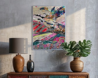 Large art quilt “Wedge of cranes” -  Design with birds, Modern fiber wall art, Birdy art, Textile panno for gift