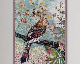 Artwork “Amidst the Blooming Holiday” - Design with birds, Hoopoe fiber portrait, Birdy art for bird-lovers