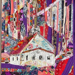 May include: A colorful patchwork quilt with a white house in the center. The quilt is made of various fabrics, including floral prints, stripes, and geometric patterns. The house has a red roof and white walls. The quilt is a vibrant and eclectic piece of art.