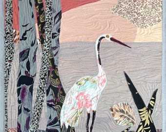 Art quilt “Being alone” - Design with birds, Heron fiber portrait, Birdy art for bird-lovers, Textile panno for gift, Ready to hang wall art