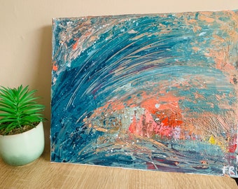 Crashing Waves~ Original Abstract Acrylic Painting on stretched canvas 30 x 25cm. Coastal uplifting textured waves unique signed painting