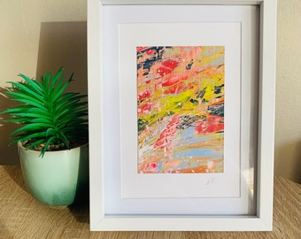 Garden in Summer~ Original Acrylic Abstract Painting mounted in 5 x inch white wooden frame. Hand-painted bright vibrant and contemporary.