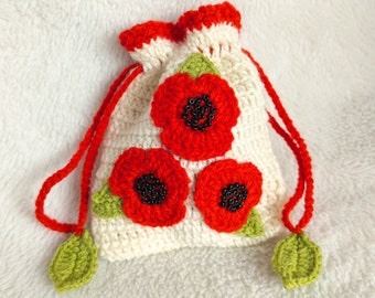 Red Poppy Crochet Coin Purse for Everyday Essentials. Drawstring Pouch with crochet poppies. Compact Organizer. Unique Birthday Gift.