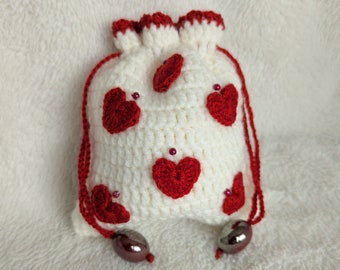 Red Hearts Crochet Coin Purse for Everyday Essentials. Drawstring Pouch with crochet flower. Compact Organizer. Unique Birthday Gift.