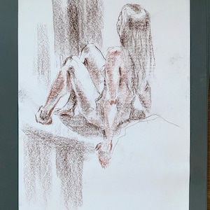 Minimalist Charcoal Woman Figure Drawing: Original Pastel Art