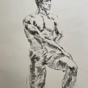 Male Figure Charcoal Drawing: Minimalist Pastel Art Decor