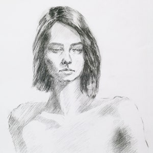 Original Charcoal Pastel Drawing: Minimalist Woman Portrait Art