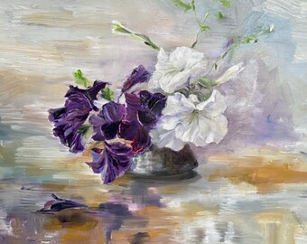 Original Floral Oil Painting, Purple White Flowers, Impressionist Wall Art Decor