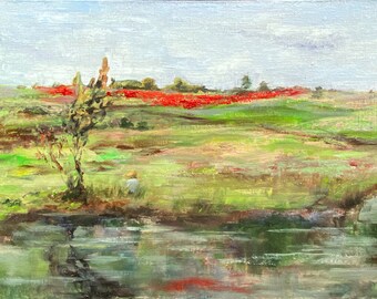 Bloeiend papaverslandschap. Origineel olieverfschilderij. Natuurschilderij als interieurdecoratie