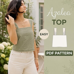 Könnte beinhalten: Eine Frau trägt ein salbeigrünes Spitzentop mit quadratischen Trägern und eine weiße Hose. Das Bild enthält den Text "Azalea TOP" und "PDF PATTERN". Ein Kreis mit dem Wort "EASY" ist ebenfalls sichtbar.