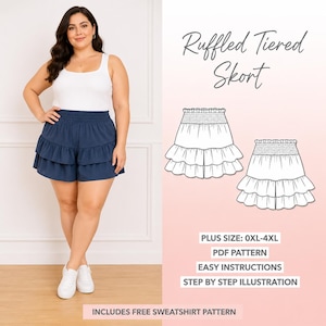 Puede incluir: Una mujer con una camiseta sin mangas blanca y un skort con volantes azul marino. La imagen incluye un dibujo lineal del skort y el texto "Ruffled Tiered Skort", "Plus Size: 0XL-4XL", "PDF Pattern", "Easy Instructions" y "Step by Step Illustration".