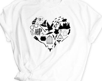Camiseta mágica de amor de coração de mago unissex adultos crianças Harry slogan de luz top branco bruxo varinha mágica presente filme camiseta branca