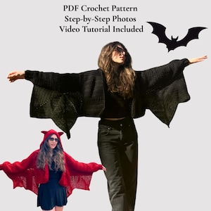 May include: A crochet pattern for a bat cardigan, featuring text that reads BAT CARDIGAN CROCHET PATTERN, PDF Crochet Pattern, Step-by-Step Photos, and Video Tutorial Included. The image displays a black bat-wing cardigan and a red hooded version.