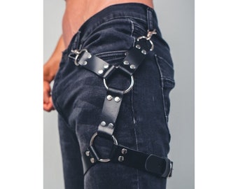 Men Leather Leg Accessory - Pants Leg Harness - Leg Suspenders, Thigh Harness Man, Clubwear, Men Harness, Men Leather Harness, Gift for Him
