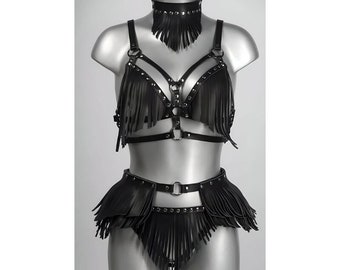 Women&#39;s Leather Fringe Harness, Gothic Epaulette, Black Gothic Harness, Leather Fringe Belt, Tasseled Bustier&Skirt, Leather Fringed Costume