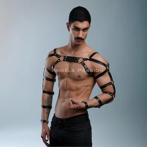 Men's Leather Arm Harness, Steampunk Gothic Men’s Leather Harness, Adjustable Black Body & Arm Straps for Festival, Rave - Cosplay Gear