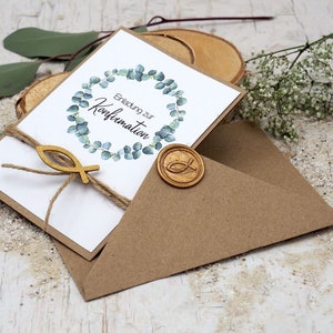 Einladungskarte mit Briefumschlag Personalisiert Kommunion Konfirmation Eukalyptus Kraft Fisch Gold