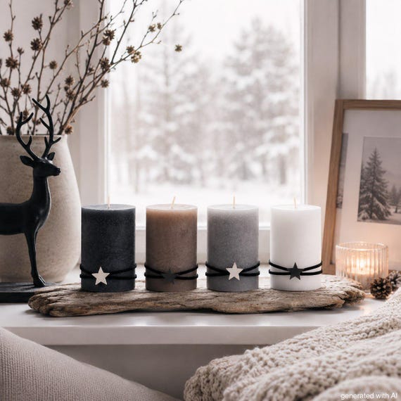 Adventskerzen Kerzen 9cm H Stumpenkerzen Grau Weiß Braun Stern Weihnachten Advent Deko 4 Stück