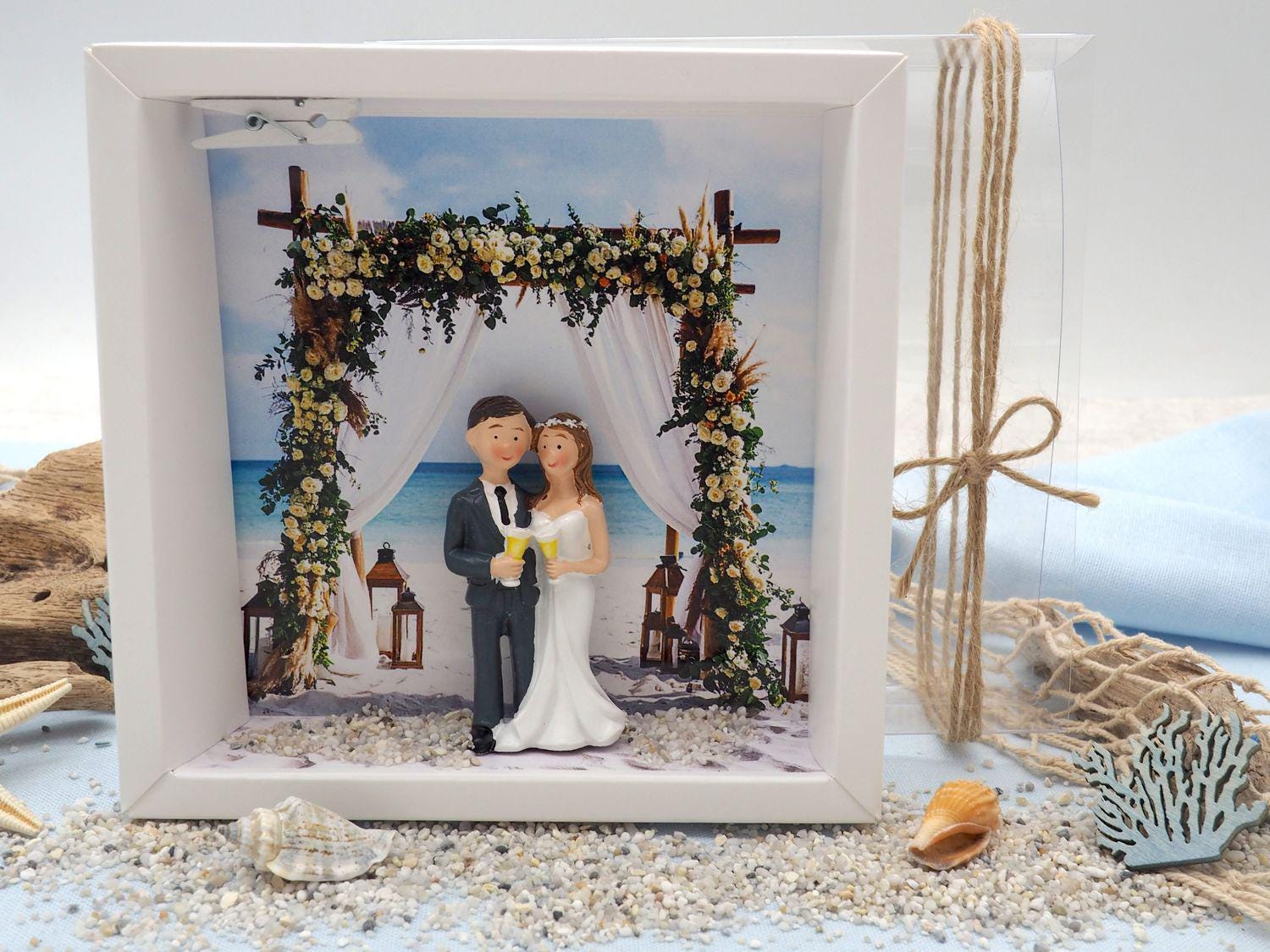 ZauberDeko Geldgeschenk-Box Strandhochzeit - Boho Style Mit Miniatur-Brautpaar