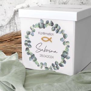 Briefbox Eukalyptus Fisch Gold Kommunion Konfirmation Taufe Personalisiert Kartenbox
