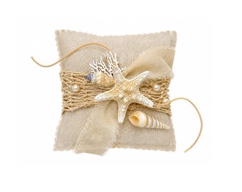Ringkissen Hochzeit Strandhochzeit Maritim Seestern Leinen Natur Creme 14 cm