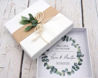 Personalized wedding gift packaging with heart, white eucalyptus leaf wreath with name
