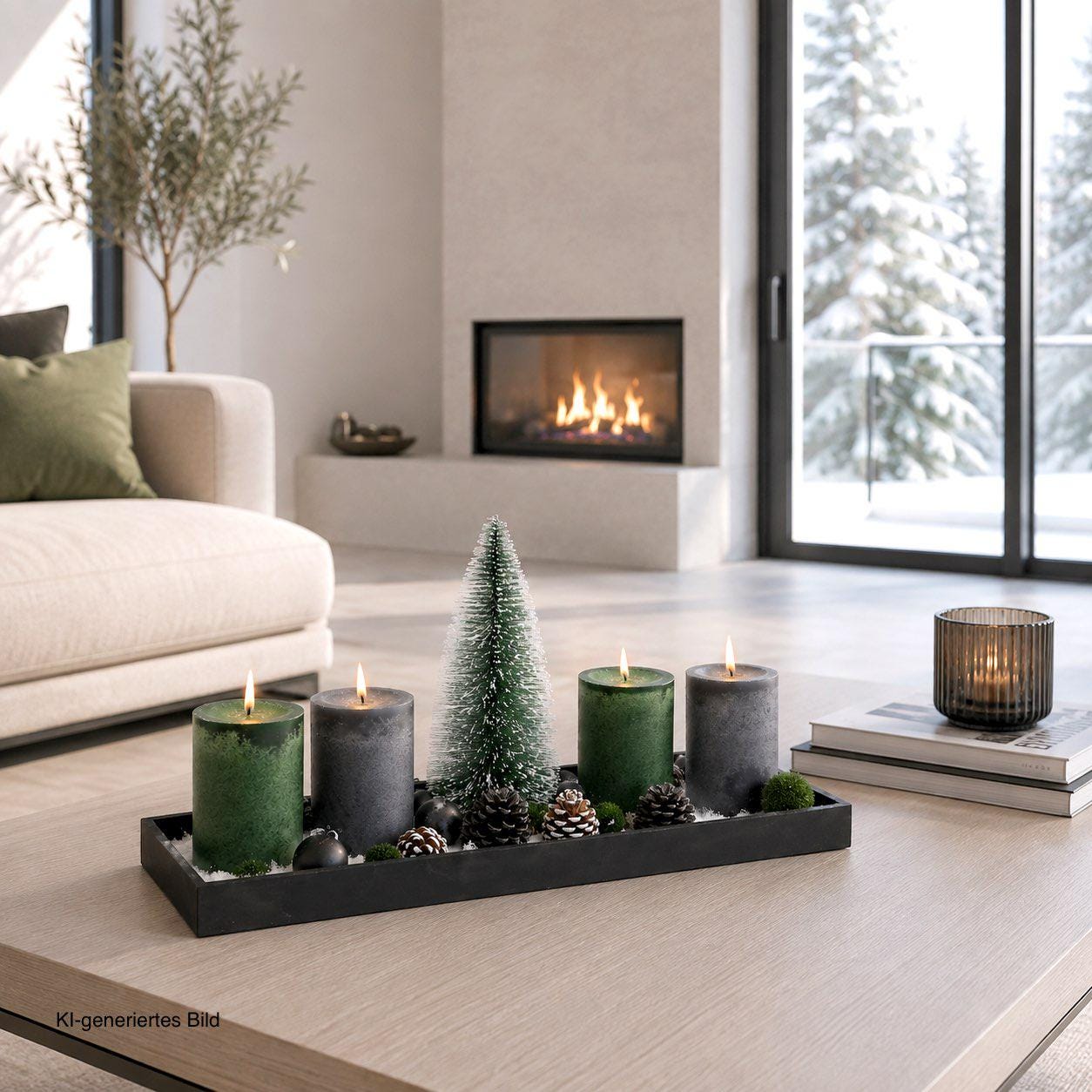 Adventsgesteck Weihnachten Deko Tablett Holz Schwarz Tanne Kerzen Grau Grün Streudeko 40cm